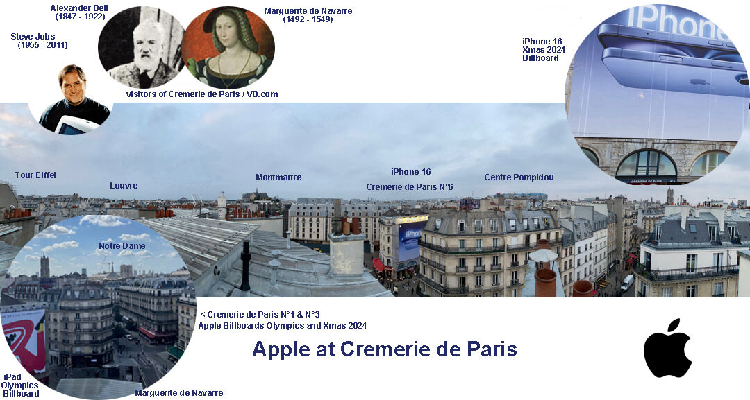 Cette image comprend de petits portraits de Steve Jobs (1955–2011), fondateur d'Apple, inventeur de l'iPhone ; Alexander Bell (1847–1922), inventeur du téléphone ; et Marguerite de Navarre (1492–1549) — écrivaine, marraine de la place et de la sortie de métro, grand-mère des Bourbons, rois de France, et le « B » de VB.com. Tous sont venus à la Cremerie de Paris.