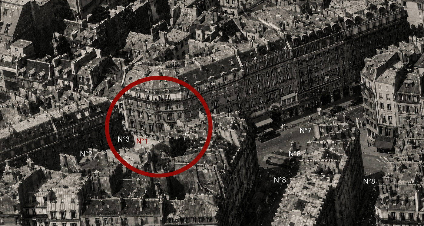 Old aerial view of the Cremerie de Paris and the Les Halles market